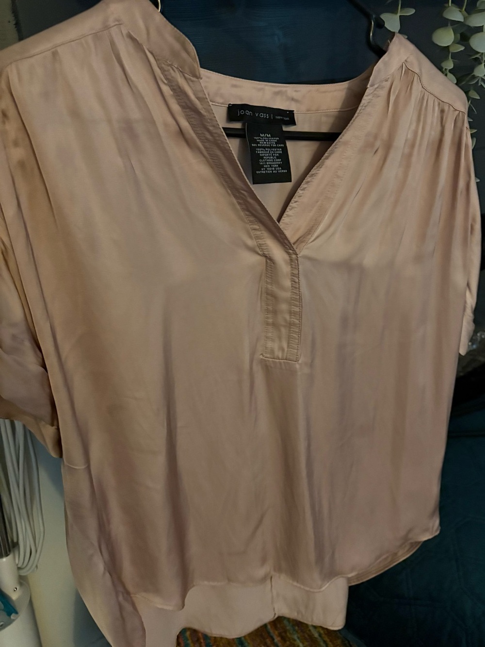 Joan Vass Soft Blush V-Neck Satin Blouse